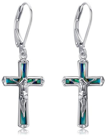 POPLYKE Kreuz Ohrringe Damen 925 Sterling Silber Jesus Leverback Abalone Crucifix Christian Schmuck Geschenke