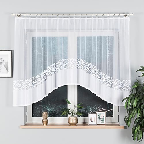 Gardinen Vorhangen Weiß 250x140 cm (BxH) Triporti Stores Küchengardinen Gardinen Kurz Jacquard Scheibengardine Vorhänge Fertiggardine Bogen Kurzstores