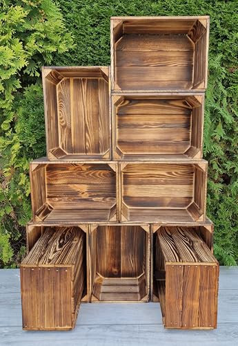 PYXIDAS Caisses en bois en ensembles de 1 à 12 boîtes pour le stockage et fabriquées à partir de bois massif, décoration effet brûlé incroyable (Effet Brûlé 10 Caisses, 35x25x19)