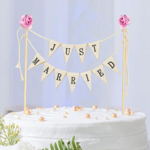 Vandomrise Cake Topper Hochzeit, Just Married Tortendeko, Mini Wimpelkette Vintage Hochzeitstorte Deko, Just Married Cake Topper, Kuchendekoration für Hochzeiten