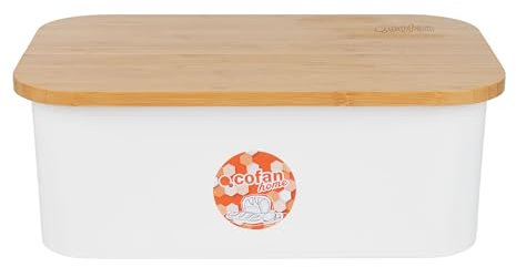 Cofan Panera con tapa de bambú | Tapa y tabla de corte | Color: blanco, negro o verde con madera | Gran capacidad de 6,5 l | Diseño minimalista | Conserva el pan fresco (Blanco, 36 x 24 x 13 cm)