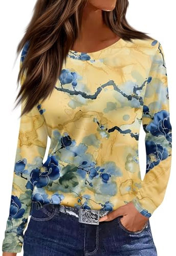 Ladies Tops Womens Shirts and Blouses UK Long Sleeve Shirts for Women Spring Fall Trendy Crew Neck Floral Print T Shirts Vintage Elegant Tops 07-Yellow S