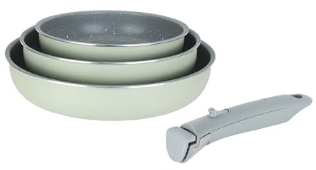 Sitram 716940 Lot de 3 Poêles en Aluminium gamme FAMILY Ø 20,24,28 cm - Revêtement Antiadhésif Sain en Céramique effet pierre - Coloris vert - manche amovible SITRAMOVIBLE - Tous feux dont Induction