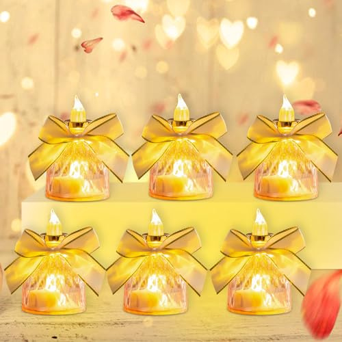 Skeadex LED Teelichter,Elektrische Teelichter Flammenlose LED Kerzen Batteriebetrieben Künstliche Teelichter LED mit Schleife Elektrische Kerzen für Valentinstag Hochzeiten Weihnachten Deko (6*Rosa)