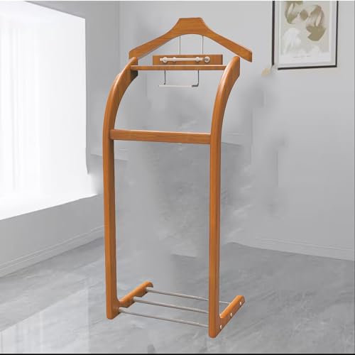Servomuto in legno massello con vassoio superiore per pantaloni, cravatta e ganci per cintura, scarpiera organizer per abiti da uomo con appendiabiti e appendiabiti per pantaloni, finitura ciliegia