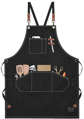 VDLLQYN, Herren-Arbeitsschürze mit mehreren Taschen, Baumwoll-Canvas mit gekreuzter Rückseite, robuste, verstellbare Werkzeugschürze for Küche, Garten, Café ,Arbeitsschürze(Black)