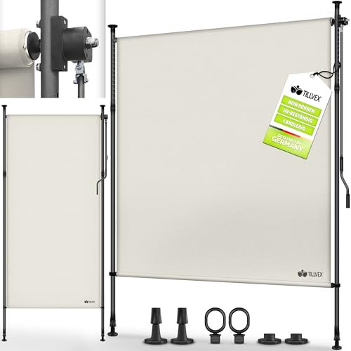 tillvex® Klemmmarkise Senkrechtmarkise 200x310cm Beige mit Handkurbel ohne Bohren | Sichtschutz Ausziehbar & Blickdicht | Vertikalmarkise Balkon Terrasse Garten | Sichtschutzrollo Wetterfest