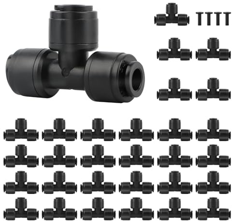 Kalolary 30PCS Quick-Connect 1/4 Tropfbewässerung T-Stücke mit 4PCS Endstopfen, Push-Fit T-Verbinder für 1/4 Zoll Bewässerungsschlauch, Leckfreie Anschlüsse (30pcs T-Stück Schnellverbinder)
