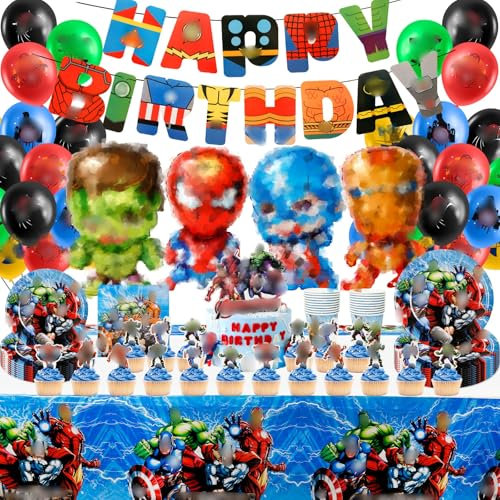 Hero Party Decorations, 101Pcs Hero Birthday Decorations, Movie Ballons Party Supplies with Ballon Cake Toppers Decorations, Happy Birthday Banner, Paper Cups Plates, Table Cloth