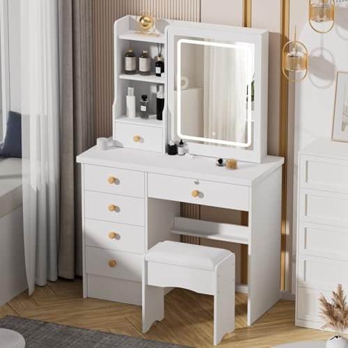 RRXIMHTT Burr Free Make -up Waschtisch mit Uns Sockel -LED -Spiegel und Verstellbarer Beleuchtung, breiter Desktop -Schminktisch mit 6 Schubladen, versteckten Lagerregalen und Hocker für Heimschlafz