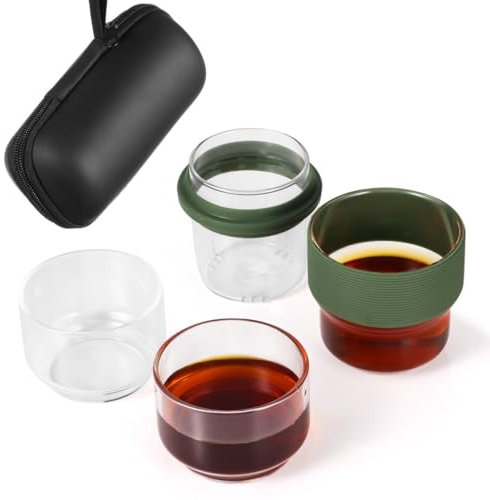 Service à thé de voyage en verre avec étui, comprend un infuseur, des tasses à thé et une petite théière, coffret cadeau compact pour les amateurs de thé