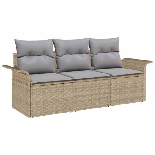 vidaXL Garten-Sofa-Set mit Kissen mit Speicher 3 pcs Beige Poly Rattan, Vielseitige, Moderne Gartenmöbel, gemütliches Sofa-Set, Rattan Lounges, verstellbare Terrassenmöbel