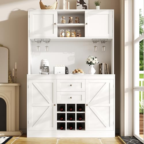 Huayz Küchenschrank mit verstellbaren Ablagen & Weinregal, Hochschrank Küchenbuffet mit 4 Türen & 2 Schubladen, Sideboard für Küche & Wohnzimmer, Buffetschrank