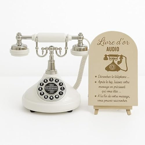 Livre d'Or Audio Téléphone Vintage Noir et Doré, 25 x 21 cm, avec Carte SD 8 Go et Pancarte en Bois (Blanc)
