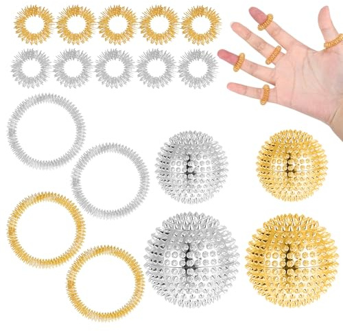 Skills Borderline Set mit 4 Igelball in 32mm und 47mm Kugeldurchmesser,Plus 10 Akupressur Ring und 4 Akkupressurarmbänder,Massagebälle können zur Massage von Rücken,Beinen,Händen (Silber,Gold)