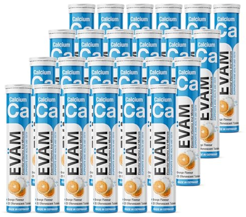 EVÄM Calcium Brausetabletten Orange I Geschmack Orange I 24x 20 Stück I Nahrungsergänzungsmittel mit wichtigen Vitaminen für den täglichen Vitaminbedarf I Vegan I Zuckerfrei I Made in Germany