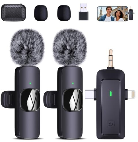 QINOJA Wireless Lavalier Mikrofon für iPhone/Handy/Kamera/Computer - 4 in 1 Ansteckmikrofon Kabellos für Videoaufzeichnung, Live-Streaming, Vlog, TikTok