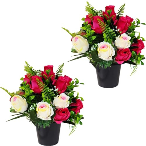 Etomvoop Grabtöpfe mit künstlichen Blumen, 18 Köpfe, Seidenrosen, für den Außenbereich, Friedhof, künstliche Blumen, Kunststoff-Gräber, Blumensträuße im Topf mit Farnen für Grabschmuck, Weihnachten