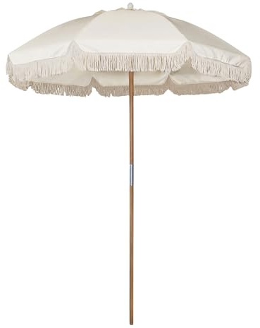 Spetebo Parasol crème avec tronc en bois 50+ - Protection UV - 180 cm - Boho Chic - UPF 50+ - Avec franges - Parasol de jardin, balcon, terrasse, protection solaire