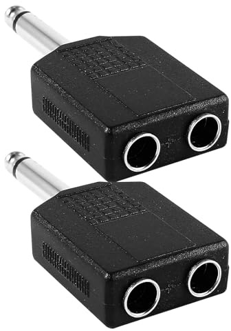 Kisangel Adaptador de Audio Mono Doble 6,35mm Negro Divisor Dual de Conectores Jack Macho y Hembra sin Pérdida de Calidad, Paquete de 2 Unidades para Uso Profesional
