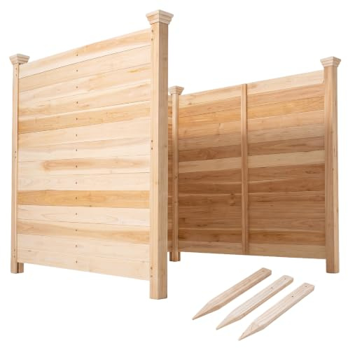 GYMAX Panneau Brise Vue Extérieur 3 Panneaux 119 x 115,5 cm (Naturel) | Clôture de Jardin en Bois de Sapin avec 3 Piquets, Clôture Confidentialité pour Climatiseur, Poubelle, Équipement Piscine