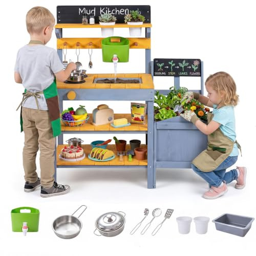 COSTWAY Cocina de Barro Exterior para Niños, Cocinita de Madera Infantil | con Jardinería, Estantes, Pizarras, Fregadero, Depósito de Agua, Macetas, Sartén, Juego de Rol para 3+ Años