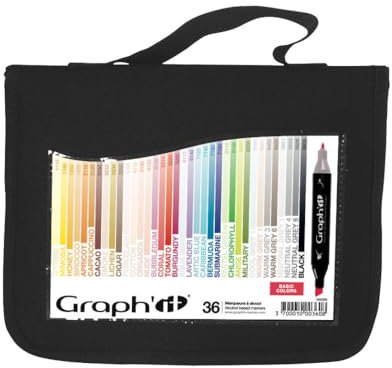 GRAPH’IT Marker trousse de 36 marqueurs à alcool double pointe pour dessin de manga et illustration, pointe fine et biseautée - Set Basic Colours