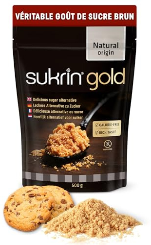 SUKRIN Gold 500 g edulcorante moreno sin azucar; eritritol + stevia, edulcorante natural sustituto azucar moreno cero calorías, vegano keto, sin gluten, granulado, para hornear, café, té, postres