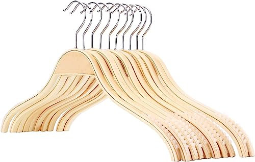 Tebery 12 Stück Kleiderbügel aus Holz, rutschfest, Platzsparende Garderobenbügel für Hosen, Rock, Hemd, Anzug, 360°drehbarer Metallhaken, 40cm Beige Anti-Rutsch Gummibeschichtung