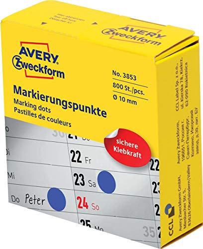 AVERY Zweckform 3853 selbstklebende Markierungspunkte (ø 10 mm, 800 Klebepunkte auf Rolle im Spender, runde Aufkleber für Kalender, Planer und zum Basteln) blau, 3 Stück