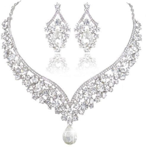 EVER FAITH® österreichischen Kristall V-Form Halskette Ohrring Schmuck Set - klar-Silber-Ton N01911-9