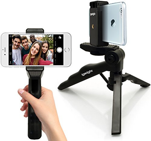 iGadgitz 2 in 1 Pistol Grip Stabilizer and Mini Lightweight Table Top Stand Tripod + Universal Smartphone Holder Mount Bracket Adapter