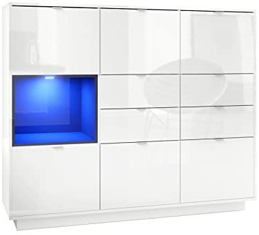 Vladon Highboard Sideboard Metro V2, Made in Germany, Korpus in Weiß Hochglanz/Fronten in Weiß Hochglanz mit Einsatz in Schwarz Hochglanz, inkl. LED Beleuchtung