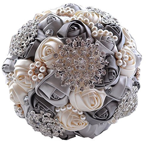 Zinsale Luxus Seide Shinny Handarbeit Strass Braut Hochzeits-Blumenstrauß Diamant Blume halten (grau)