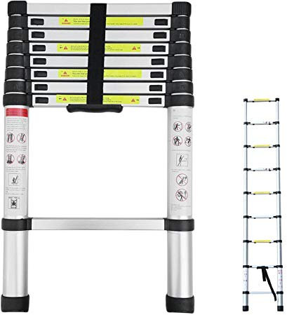 2.6M 8.5Ft Multi-Purpose Aluminium Telescopic Ladder Extension 9 Steps Light-weight Sturdy 150KG Heavy Duty Load Capacity, UK Stock