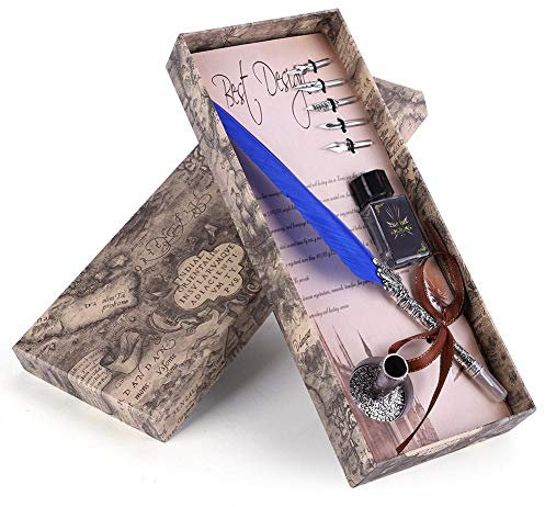 Schreibfeder, Klassische Retro Füllfederhalter Feder Dip Pen Geschenkbox für Weihnachten/Valentine oder für Freund, Familienmitglieder und Lehrer mit Schöne Tintenbox (Blau)