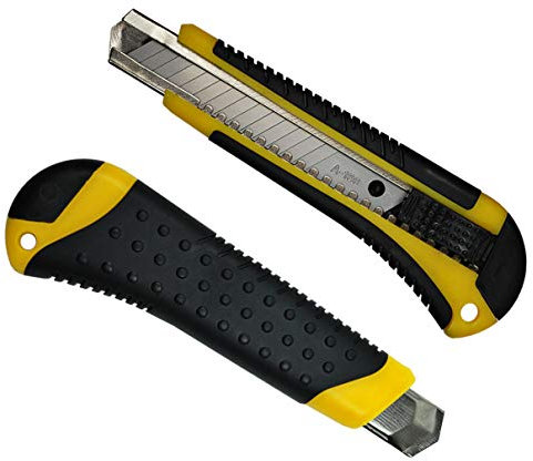 HELO 10 x Profi Cuttermesser Teppichmesser Set (gelb) mit 18 mm breiter Abbrechklinge, Klingenführung aus Metall, ergonomisch geformter Anti-Rutsch Gummi Griff, inkl. 2 Ersatzklingen im Gehäuse