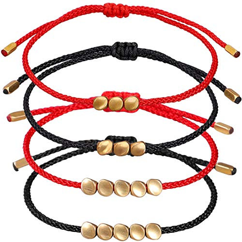 4 Pcs Bracelet Tibétain Porte Bonheur, Perles de Cuivre Bouddhiste Bracelet D'amitié Tressé Bracelet Tressé à la Main Cirer en Corde pour Poignet Homme et Femme - Cordon à Fermeture Coulissante