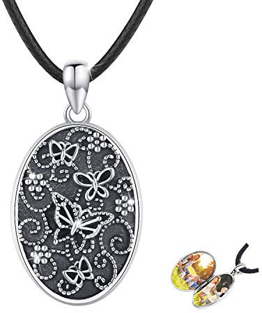 CUOKA MIRACLE Personalisierte Medaillon Kette 925 Sterling Silber Schmetterling Foto Medaillon Kette Amulett zum öffnen für Bilder Oxidiert Schmetterling Medaillon Foto Kette für Damen Mutter Tochter