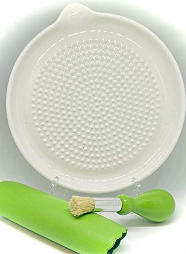 BonCera, All-in-one 3pcs Premium Ceramic Garlic Grater Set - White 6.5 inch Round Grater Plate w/Garlic Peeler, Gathering Brush, It's also grating Turmeric, Ginger, and more.