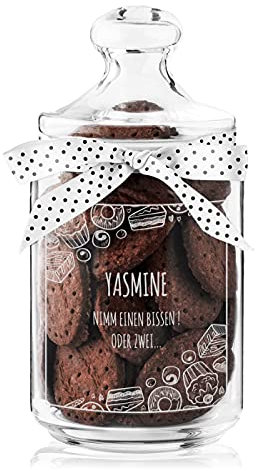 Maverton Keksglas mit Gravur - Glasbehälter mit Deckel - Bonbonglas mit eleganter Schleife - Vorratsglas personalisiert - Geschenk für Naschkatze & Hobbybäckerin Frauen - Leckerlis