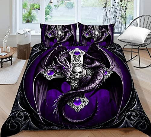 Bettwäsche 135x200 Lila Drache Bettbezug mit Reißverschluss Schließung für Kinder Jungs Mädchen Weicher Atmungsaktive Flauschige Mikrofaser Bettwäsche-Set + 2 Kissenbezug 80x80 cm