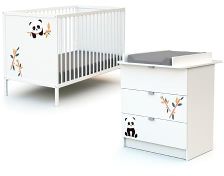 WEBABY – Duo aus weißem Panda-Babybett und Kommode ALBA | 60x120 Bett | Verstellbarer Lattenrost in 3 Höhen | Kommode mit 3 Schubladen | Abnehmbarer Wickeltisch inklusive