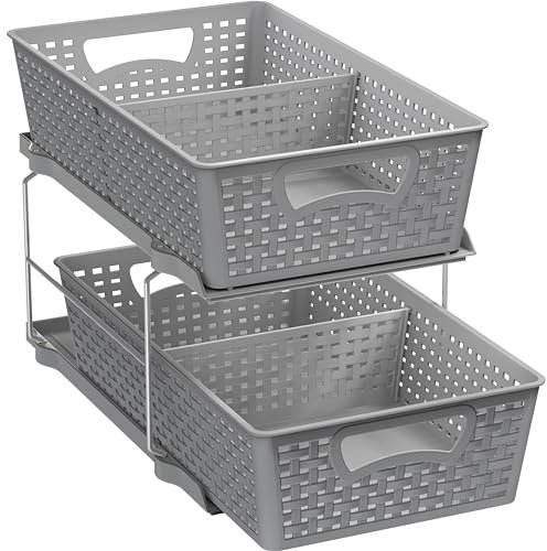 Simple Houseware 2 Tier Bathroom Organizer Tray Pull-Out Sliding Drawer/Under-Sink Storage, Grey