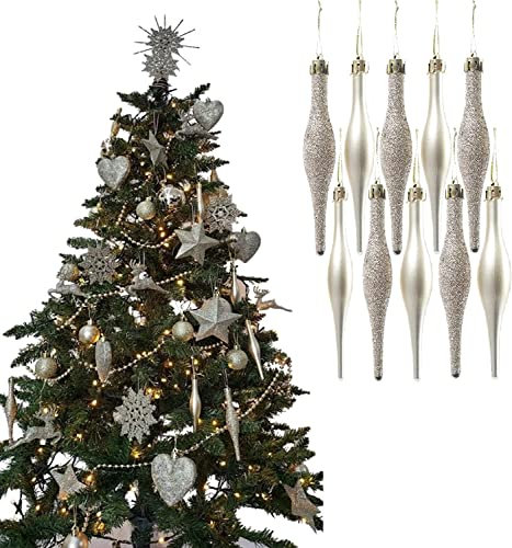 UKDeals Direct® CHAMPAGNE GOLD COLLECTION CHRISTMAS DROPLET BAUBLES TREE DECORATIONS GLITTER MATT ICICLES (Pack of 10 Droplets 120mm)