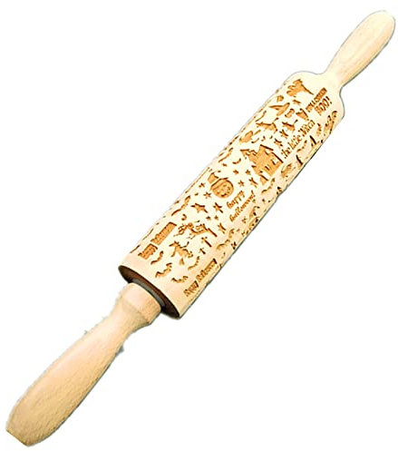 Qoiseys Rouleau à pâtisserie pour Halloween avec motifs de chauve-souris château citrouille, biscuits d'Halloween en relief, rouleau à pâte texturé 3D gravé (35,1 cm) (06)