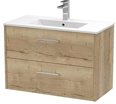 Hudson Reed JNU1826B Juno Modern Bathroom Wall Hung 2-Drawer Vanity with Minimalist Ceramic Basin, 800mm, Woodgrain Autumn Oak
