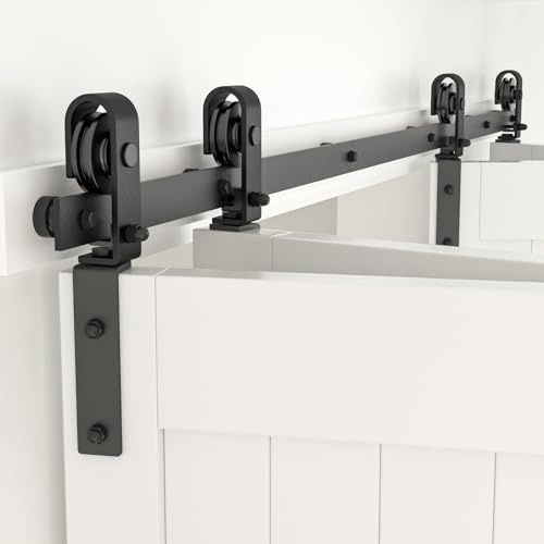 CCJH 6FT/183cm Bi-Folding Schiebetürbeschlag Laufschienen Schiebetürsystem Komplettset für 4 Holztür Schwarz(Keine Tür)
