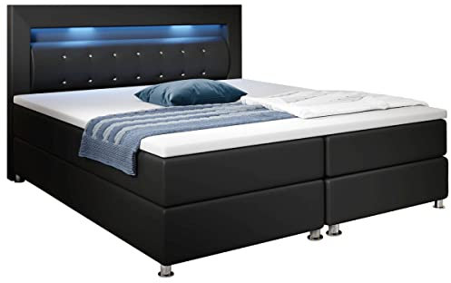 Supply24 since 2004 Designer Boxspring Bett Mailand mit Strasssteine LED Beleuchtung Federkern Matratze inklusive Topper Luxus Leder Polsterbett Lederbett Boxspringbett (140 x 200 cm, schwarz)