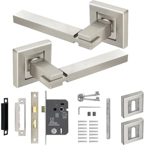 Decoranddecor Nexus Brushed Chrome Internal Door Handles – Aluminium Silver Handle Sets with Lock and Keys – Sleek and Durable Design for Wooden Interior Doors in Homes, Offices, and Bedrooms